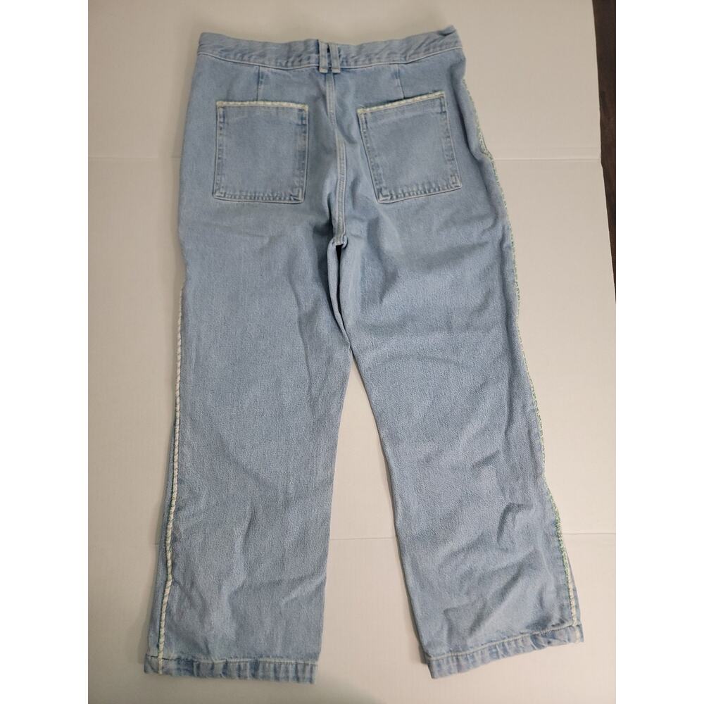 ZARA High Rise Jeans Sz 14 Tweed Trim Jewel Button Crop Wide Leg Light Wash Y2K - Picture 9 of 11